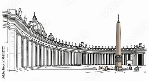 Grand colonnade and obelisk in an artistic, sketched style