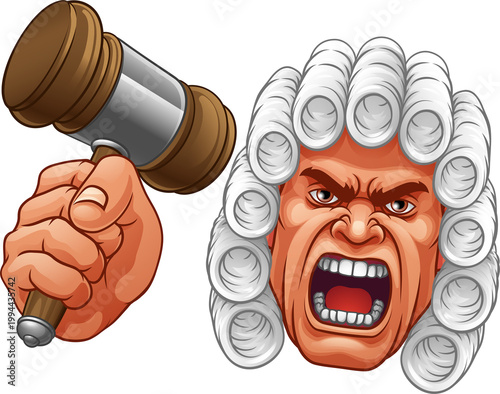 An angry judge cartoon character holding a wooden hammer gavel 