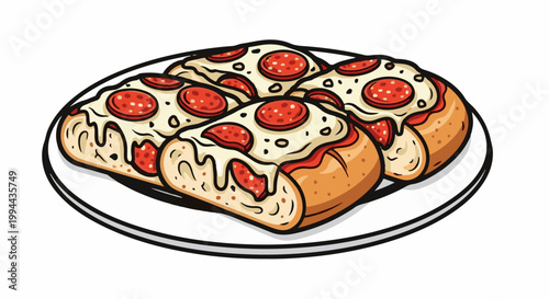 Four slices of pepperoni pizza with melted cheese on a white plate