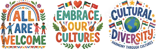 Set of Cultural Diversity Typography Posters with World Flags, Global Inclusion and Unity Concept Illustrations for Harmony Day and World Culture Day
