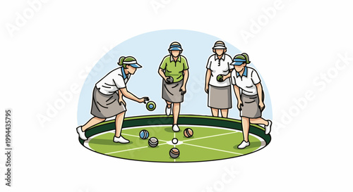 Four women in athletic attire play a game of bowls on a circular green court