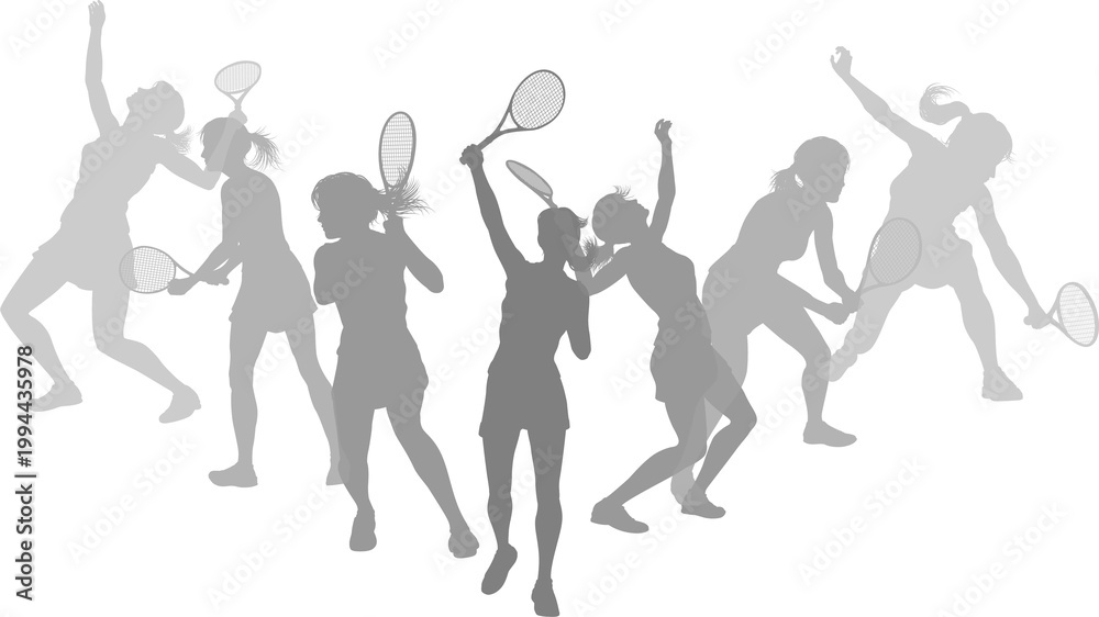Fototapeta premium Silhouette Tennis players set. Active sports people healthy players fitness silhouettes concept.