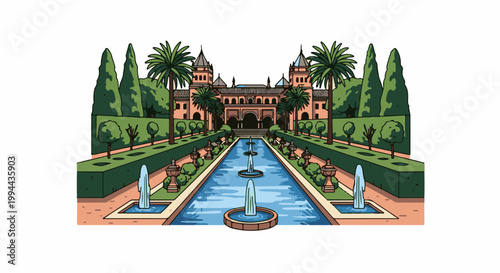 Grand palace with elaborate formal gardens, water features, and manicured trees