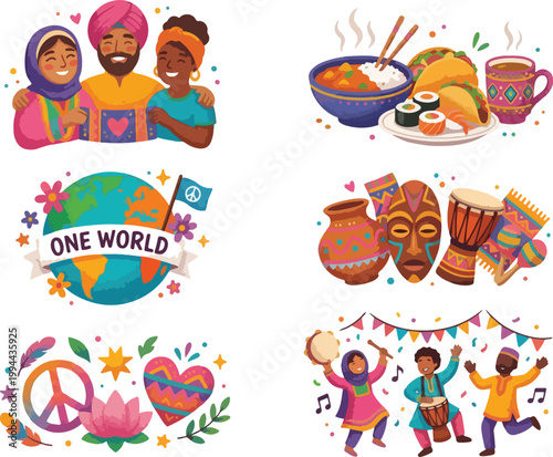 Diverse People Celebrating Cultural Diversity Day, Global Unity and Peace Concept Vector Illustration