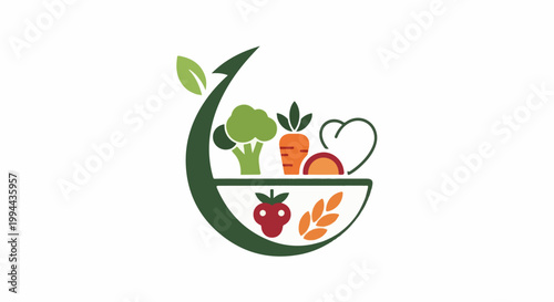 Green emblem with fresh vegetables, fruit, and a heart