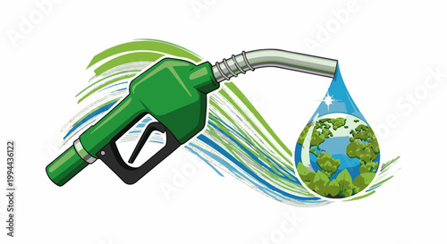 Green fuel nozzle drips water containing a lush Earth, abstract strokes