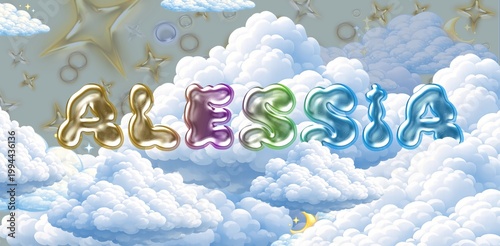 Alessia name. Colorful 3D Cloud Fantasy Background with Glossy Balloon Letters. Dreamy Sky, Stars and Soft Clouds Illustration.