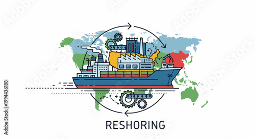Global industry reshoring process visualized with a cargo ship factory on a world map