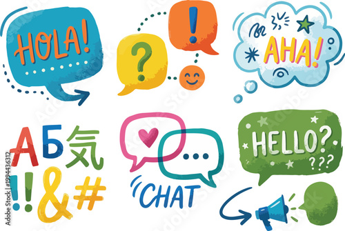Colorful Speech Bubbles and Communication Icons Set for Multilingual Expression and Global Language Day
