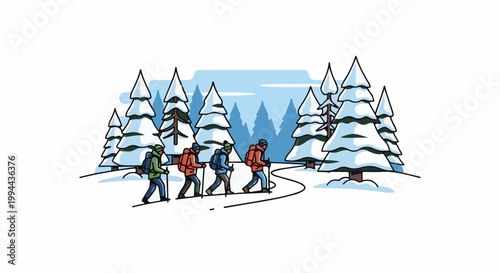 Five hikers with backpacks traverse a snow-covered path amidst snow-laden evergreen trees