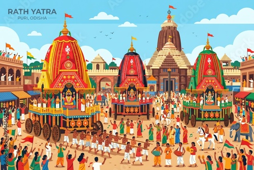 Colorful Rath Yatra festival illustration with temple chariots and crowd in traditional Indian celebration scene for cultural design use