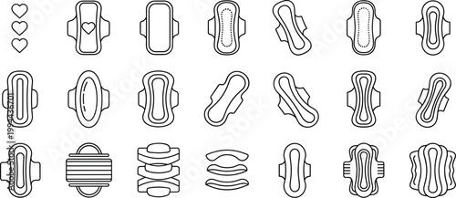 Illustration Set of Various Sanitary Pads with Different Designs and Patterns for Feminine Hygiene, Health, and Menstrual Products