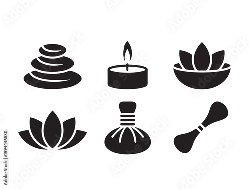 A set of black icons representing various elements of spa and wellness treatments