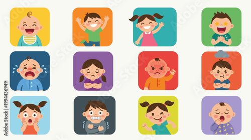 This Flat Design vector illustration set charmingly portrays a range of emotions and expressions experienced by little boys, girls, and babies, ideal for psychological or developmental content.
