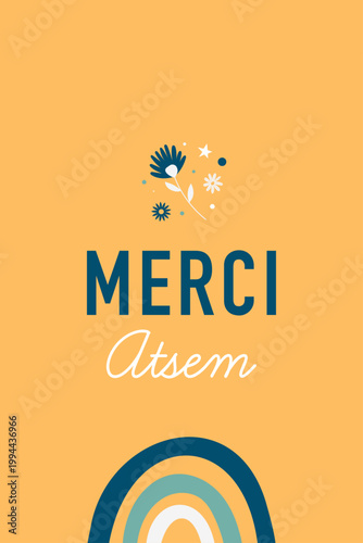 Carte de remerciement pour ATSEM avec design minimaliste, éléments décoratifs et arc-en-ciel. Idéal pour fin d’année scolaire, cadeau enfant et message de gratitude.