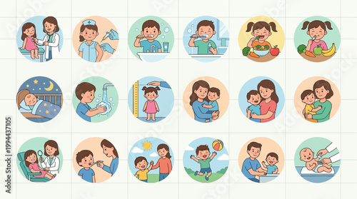 This reassuring Flat Design vector illustration set focuses on various aspects of health and wellness for little boys, girls, and babies, ideal for pediatric or healthcare-related content.

