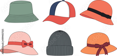 Collection of Casual and Trendy Hats for Men and Women, Baseball Cap, Bucket Hat, Beanie, and Fashionable Headwear