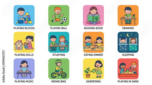 A charming Flat Design vector illustration collection showcasing various daily activities and emotions of cute little boys, girls, and babies, perfect for educational or parenting content.

