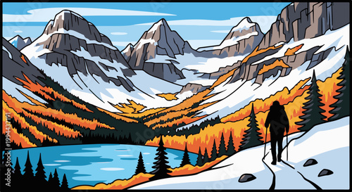 Hiker treks snowy mountain path beside vibrant autumn foliage and alpine lake