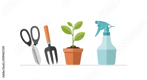 Set of gardening tools with a small plant in a pot. EPS Editable. Vector Illustrations.