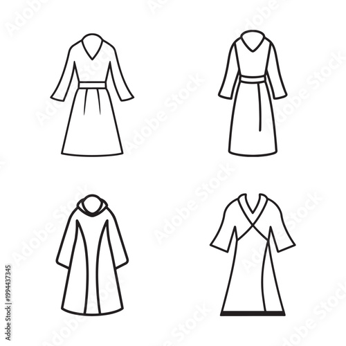 Four different robe styles for women in simple line art  various fashion designs  clothing  apparel