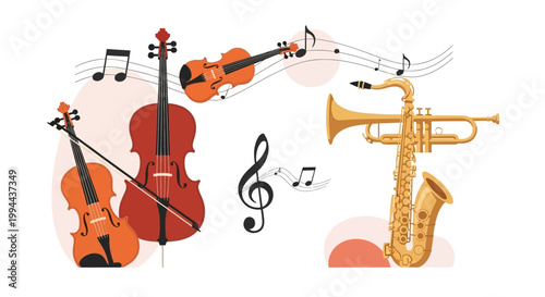 Set of musical instruments including violins cello and saxophone. EPS Editable. Vector Illustrations.