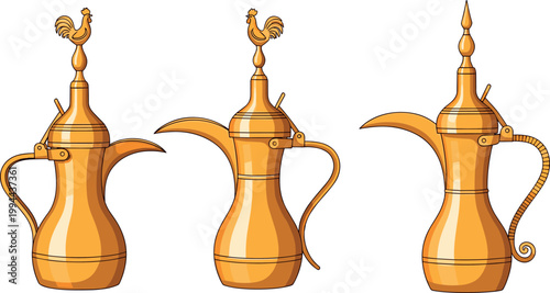 Illustration of Traditional Arabian Coffee Pot with Rooster Handle, Decorative Brass Teapot for Middle Eastern Culture and Heritage