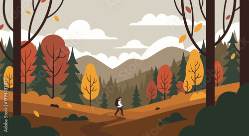 Hiker treks through vibrant autumnal forest with mountains in background