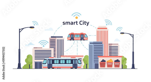 Smart City Infrastructure Concept Featuring Digital Connectivity and Modern Public Transportation. EPS Editable. Vector Illustrations.