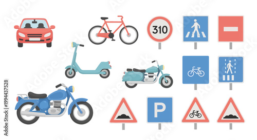 Set of Various Vehicles and Traffic Road Signs for Transportation. EPS Editable. Vector Illustrations.