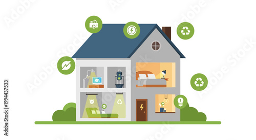 Smart eco friendly house illustration with green energy icons. EPS Editable. Vector Illustrations.