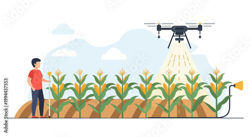 Smart Farming Concept with Farmer and Drone Spraying Corn Field. EPS Editable. Vector Illustrations.