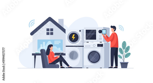 Smart home appliance control system with people. EPS Editable. Vector Illustrations.