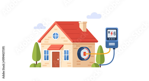Smart home electricity meter measuring energy consumption in a residential building. EPS Editable. Vector Illustrations.