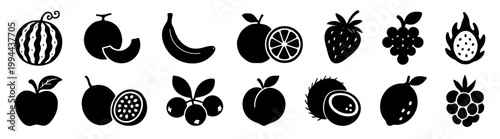 Silhouette icons of various fruits element vector set.