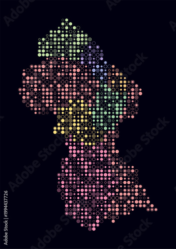 Guyana, shape of the country build of colored cells. Digital style map of the Guyana on dark background. Small size circle blocks. Simple vector illustration.