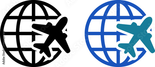 地球と飛行機で表現した海外旅行とグローバル移動のアイコン（Global Travel Icon with Airplanes and World Map）
