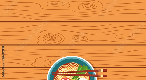 Flat Vector Illustration of Japanese Ramen Bowl on Wooden Table, Top View