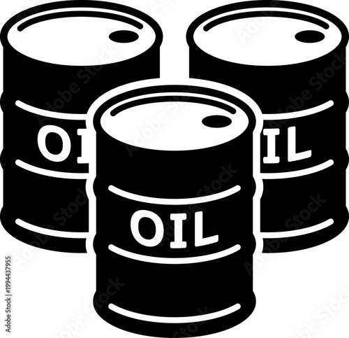 石油ドラム缶3本セットのシンプルな白黒アイコン（Black and White Oil Barrel Drum Set Icon）
