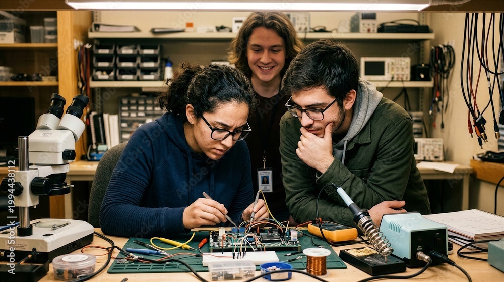Fototapeta premium Three engineers collaborate on electronics project in well-lit workshop lab