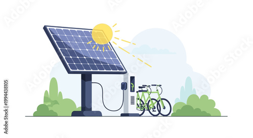 Solar powered electric bicycle charging station concept. EPS Editable. Vector Illustrations.