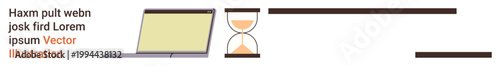 Time management, productivity tools, workspace setup, project deadlines, online tasks, design concepts. Laptop with screen, hourglass and text. Time management and productivity tools concept