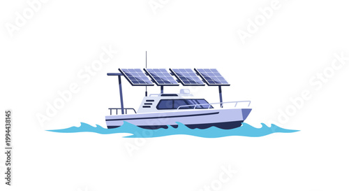 Solar powered electric boat sailing on water. EPS Editable. Vector Illustrations.