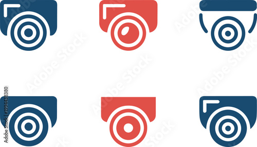 A set of various security camera icons in both red and blue colors on a clean white background