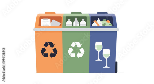 Three colorful recycling bins with waste separation for paper plastic and glass. EPS Editable. Vector Illustrations.