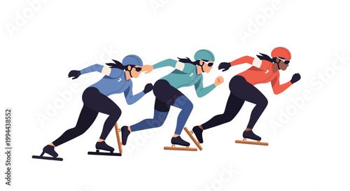 Three competitive speed skaters racing in a professional winter sports event. EPS Editable. Vector Illustrations.