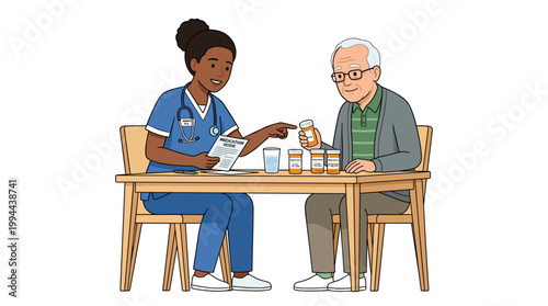 Female nurse helping elderly man with medication: healthcare consultation, flat vector illustration, medical care.