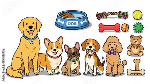 Pet shop elements: cute dog breeds, feeding bowl, bone, and toys flat vector illustration