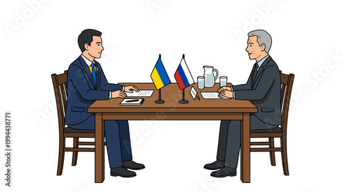Two men in suits at table with Ukraine and Russia flags: diplomatic peace talks illustration