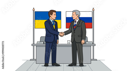 Two men shaking hands with Ukraine and Russia flags, diplomatic peace agreement vector illustration